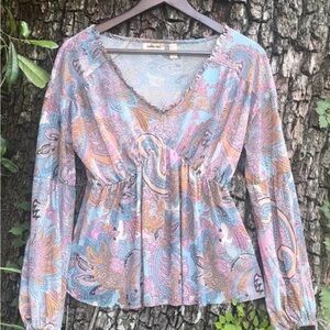 Willow + Root Charming Pink and Blue Long Sleeve Ruffled Blouse